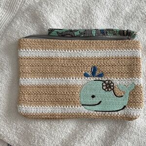 Vera Bradley Tan & White Striped Straw Clutch with Mint Whale Applique
